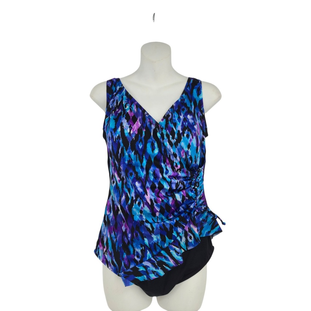 Longitude Swimsuit Women 18W Blue Purple Abstract Surplice One Piece Vacation